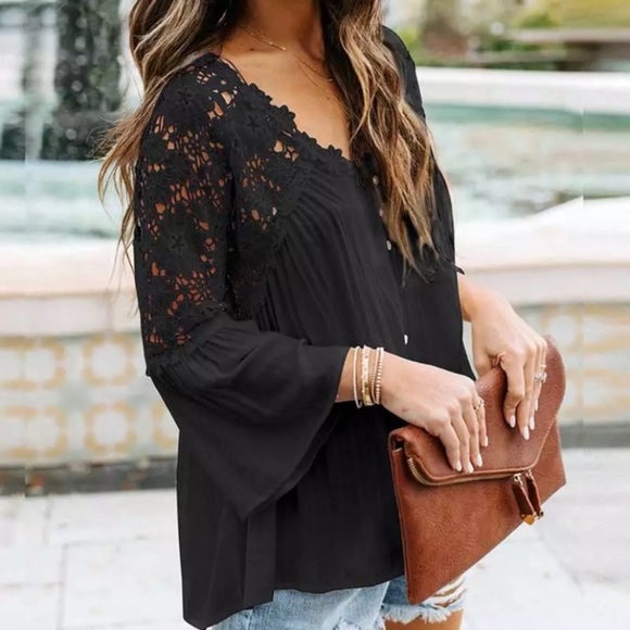 SOLD OUT Black Boho Crochet Lace Button Up Blouse Top - Picture 2 of 5